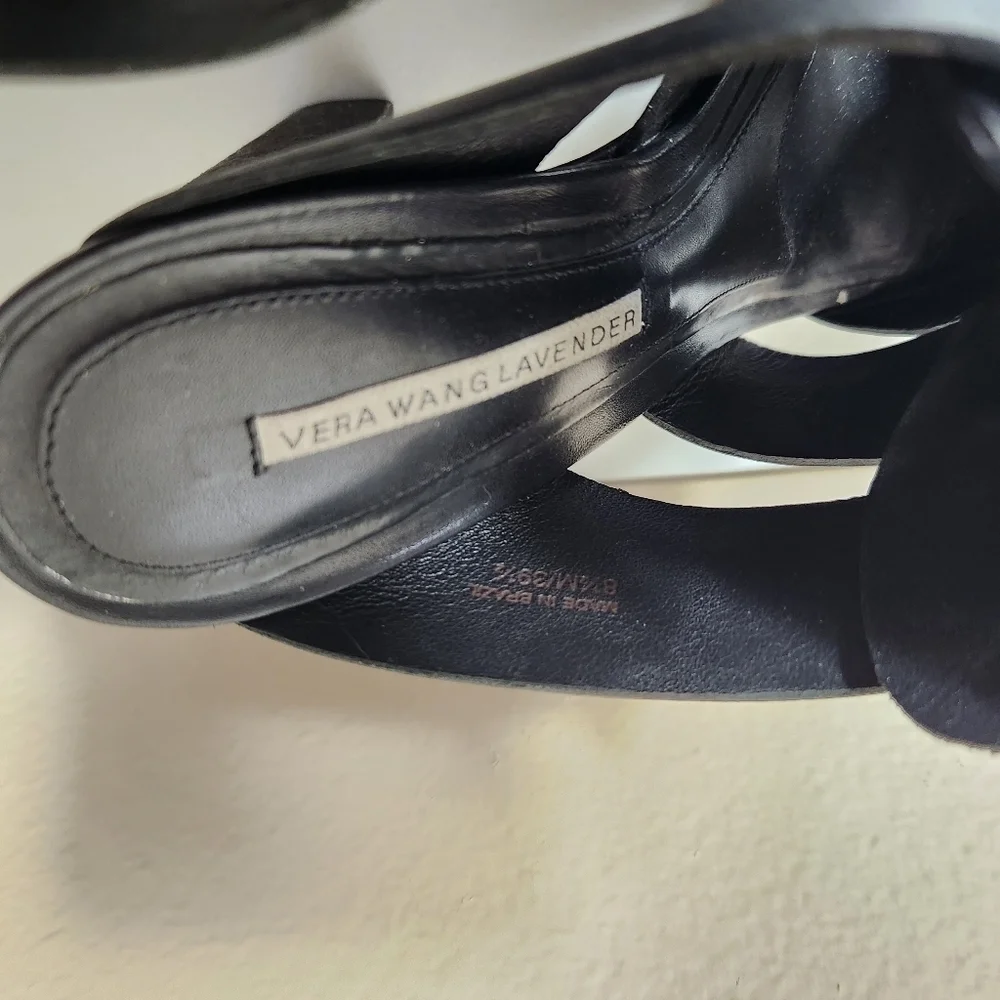 Vera Wang Lavender Black Leather Strappy Peep Toe Platform Block Heels-Size 8.5